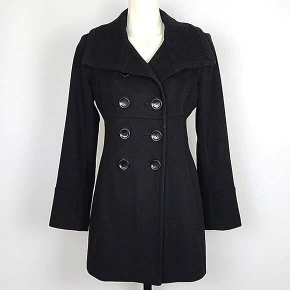 MICHAEL Kors Women's Black Double Breasted Wool Pea Coat Ribbed Collar Size 4 - Picture 1 of 11